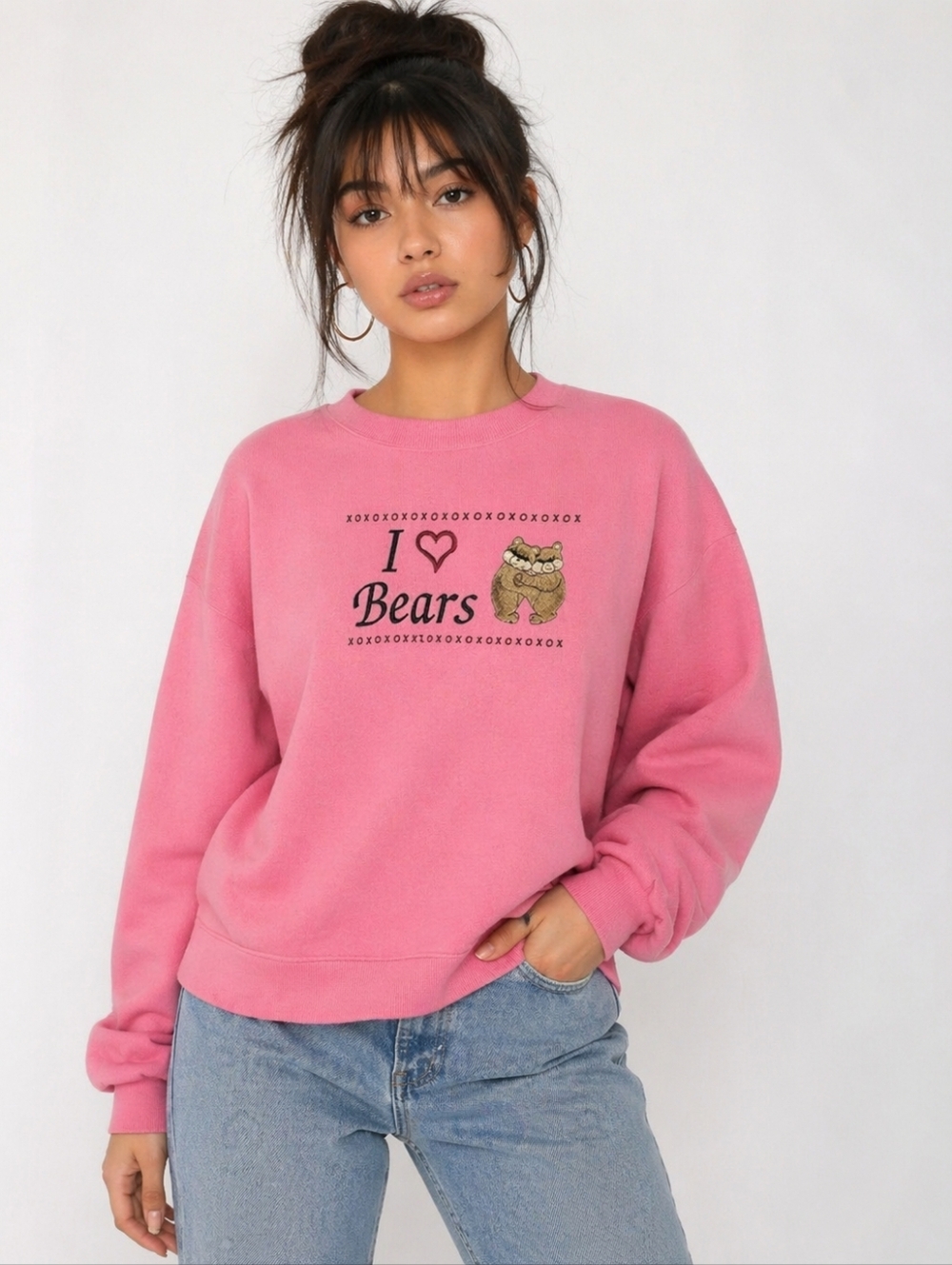 Vintage 90s Jerzees Pink Bear Sweatshirt XL I‎ Love Bears Grandmacore Kitsch